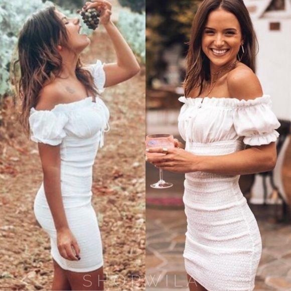 Dresses & Skirts - shirred milk maid puff sleeve dress white